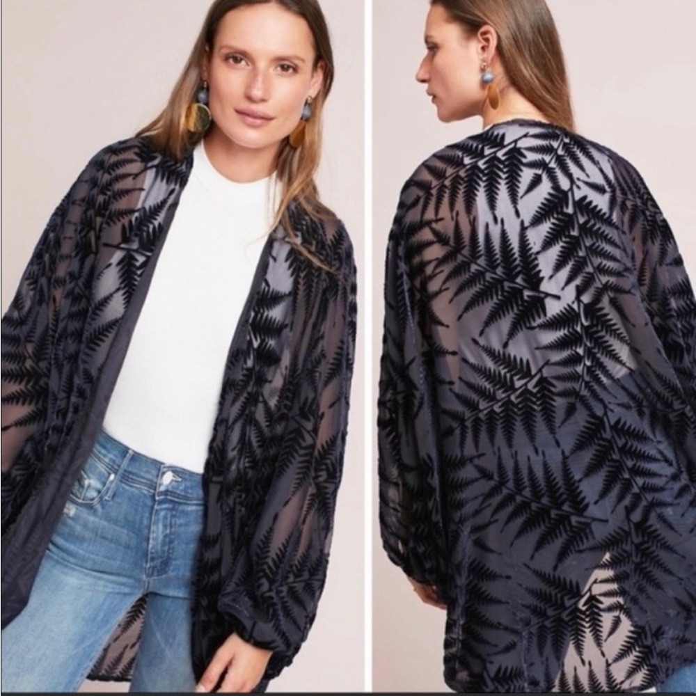 Floreat navy kimono with velvet leaf detailing. One size fits all.